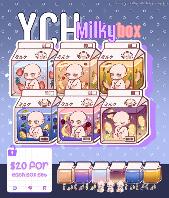 $20 Milky Box YCH unlimited slot ▹you can choose any face expression ▹extra edit the milky taste $27 (change color and element in the box to any taste you request!) more details